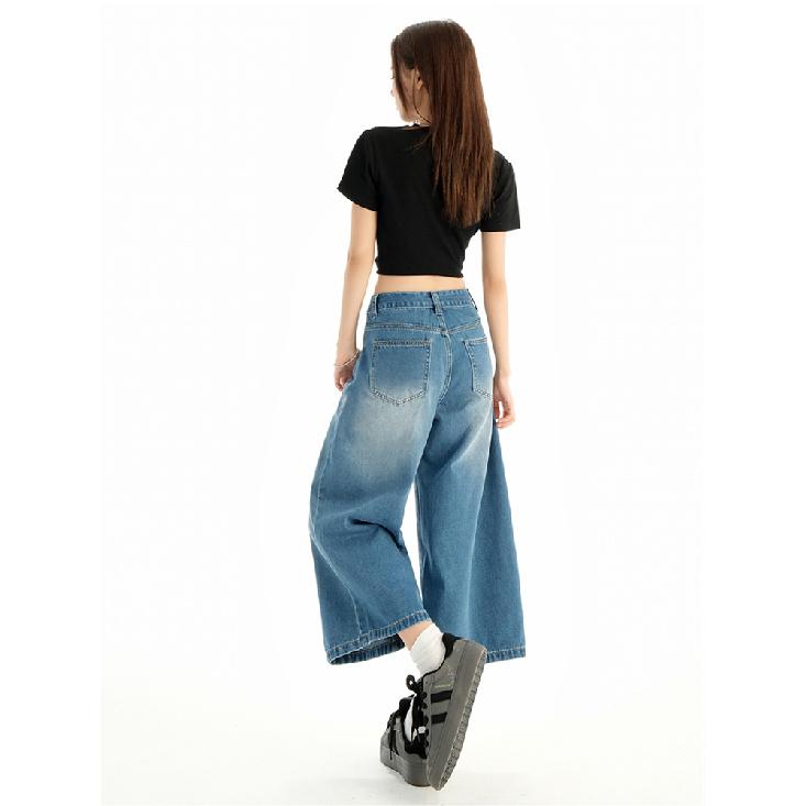 High Waist Calf-Length Denim Pants Women'S Retro Washed Harajuku Wide Leg Jeans Casual Loose Y2K Streetwear Mid Long Denim Jeans