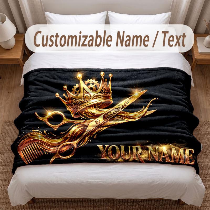 Barber Salon Theme Soft Blanket Personalized Custom Name Text Print Warm Blanket Home Sofa Bedroom Decor