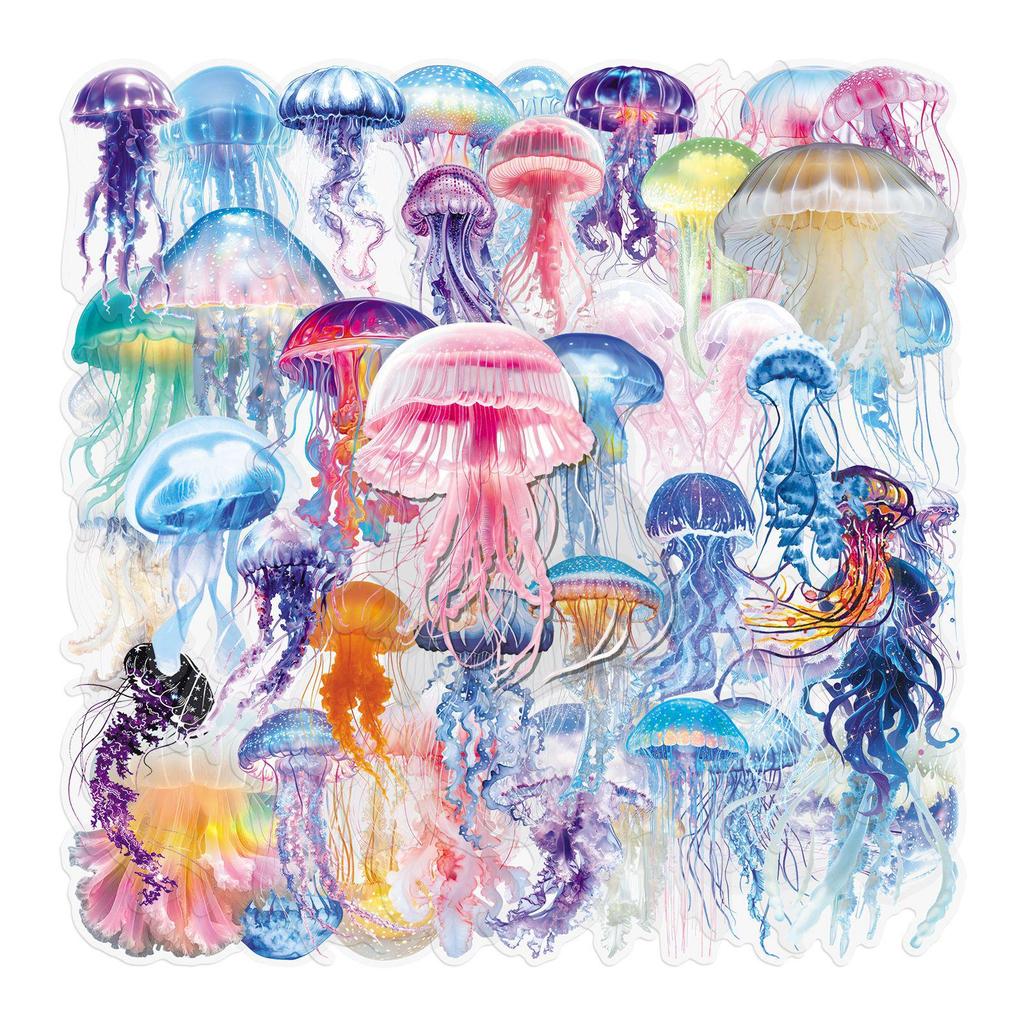 50 Transparent Jellyfish Cartoon Fun Stickers: Creative, Waterproof for Guitar, Fridge, Desktop, and Water Cup (50 Sheets)
