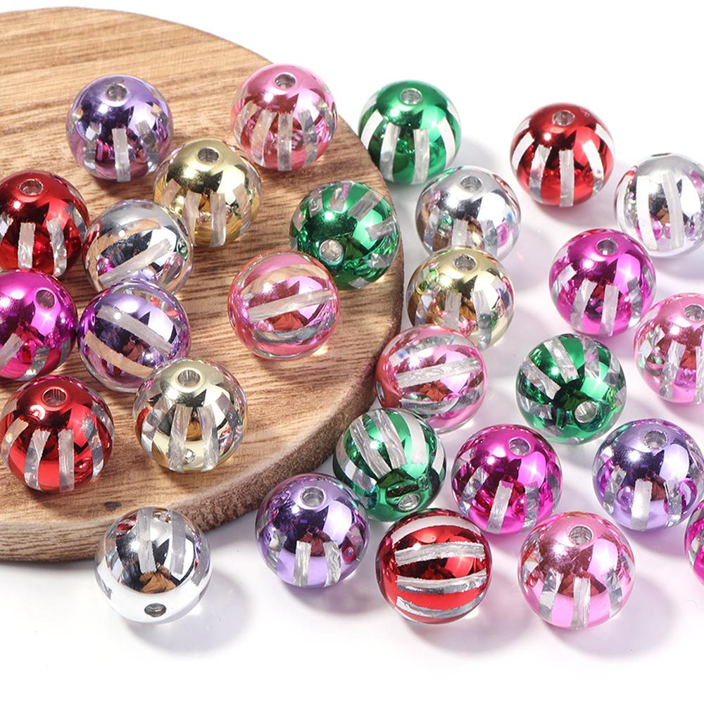 10pcs 16mm Christmas Acrylic Beads Red Green Watermelon Stripes Round Loose Beads For Jewelry Making DIY Bracelets Necklace