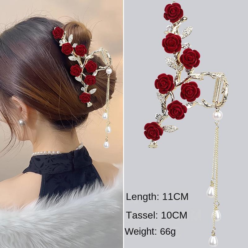 Spona do vlasů s retro střapcem červené růže