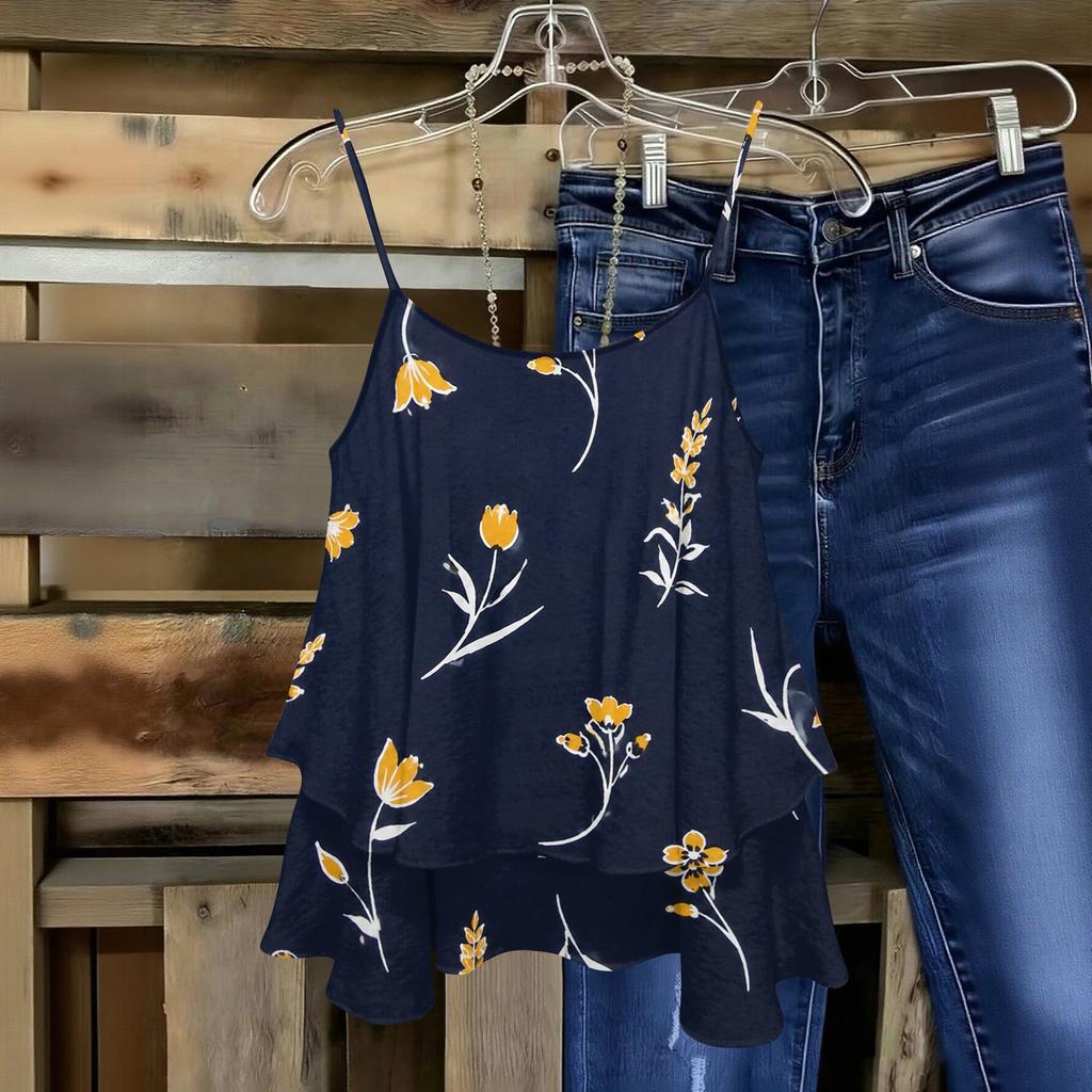 Women Sleeveless Floral Print Double Layer Camisole Top Lightweight Spaghetti Strap Summer Blouse Casual Loose Fit Shirt