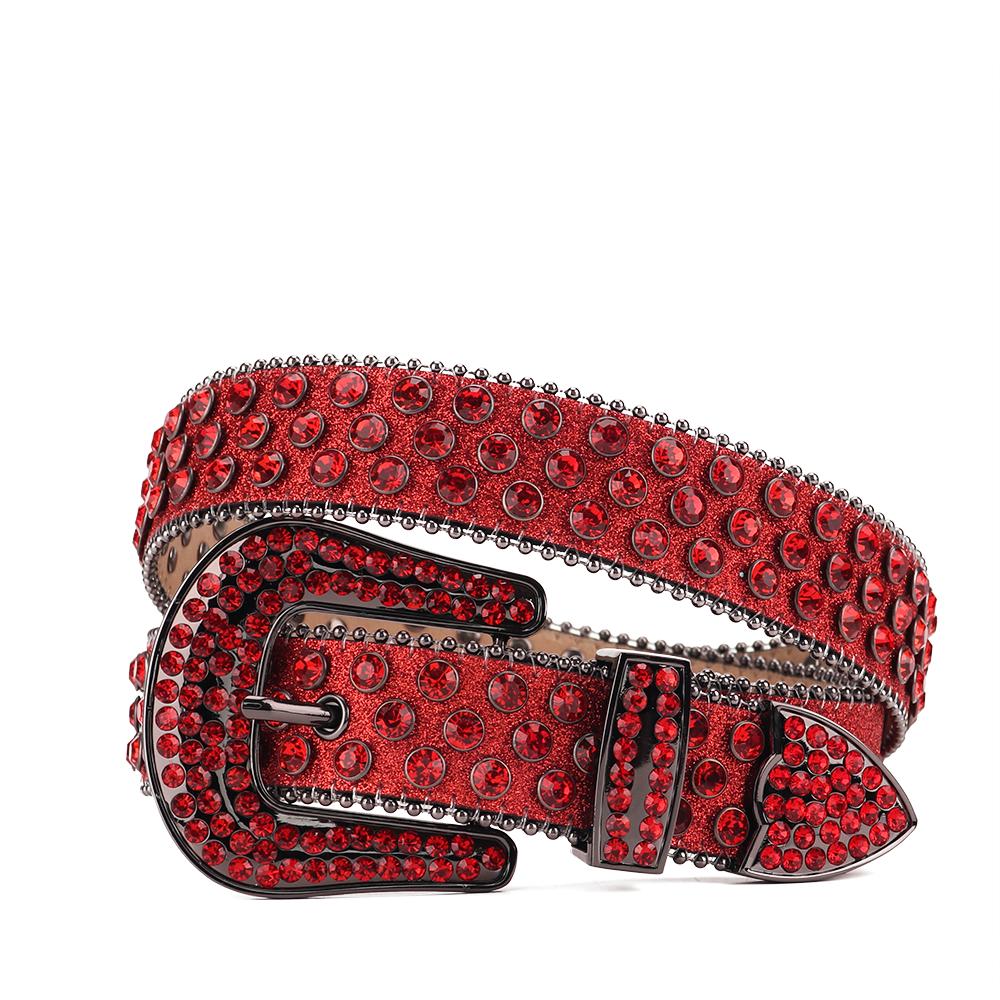 Customized Buckle Logo Red Bridal Rhinestone Belt for Women Western Cowgirl Bling Bling Diamond Studded Leather Belt for Dress