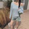 Dark Blue Off-the-Shoulder Long-Sleeve Women's Slimming Autumn Top