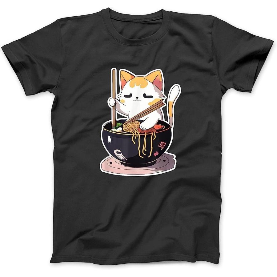 Kawaii Cat Eating Ramen Noodles Anime Neko Girls Gift T-Shirt Sweatshirt Hoodie Tanktop for Men Women Kids Black S