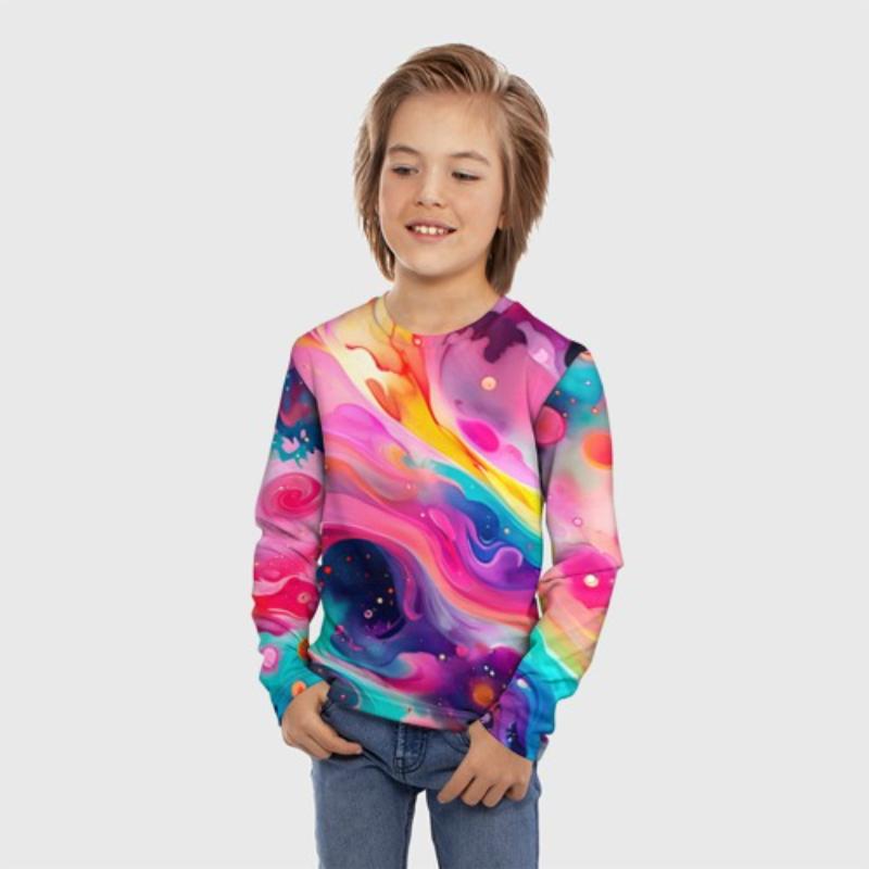 Children's Cartoon Lively Kitten Print Multi-color T-shirts Boys Cute Long Sleeved Soft Comfortable Top