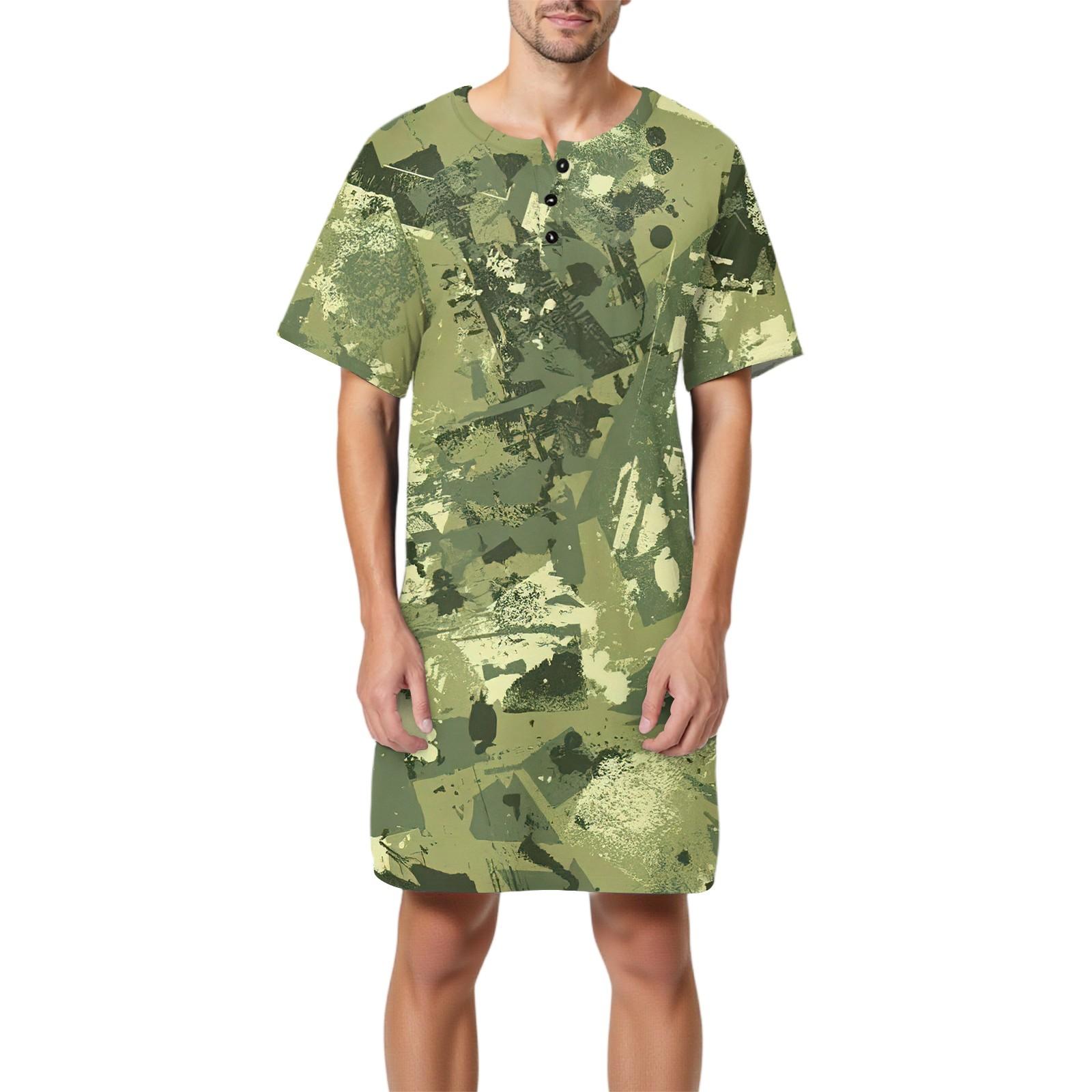 

Мужская мода Принтованная хлопковая пижама с коротким рукавом Воротник на пуговицах Длинная свободная домашняя одежда XL зелёный