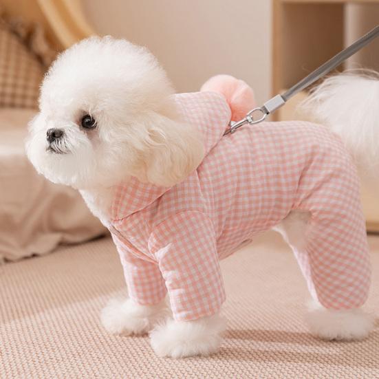jijijing Hooded Plaid Pet Jumpsuit, Dog Four Legged Apparel, Cozy Hoodie with Pompom, Plush Lined Onesie Clothes for Small Dogs Autumn Winter Wear