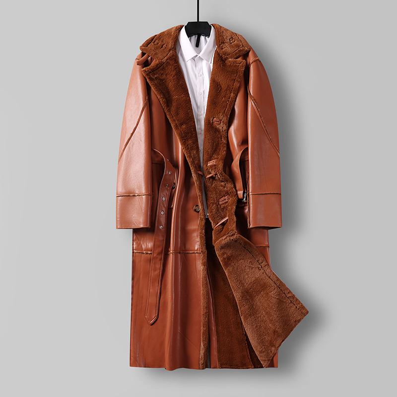Men's Plus Size Fur-Lined Long Faux Leather Trench Coat