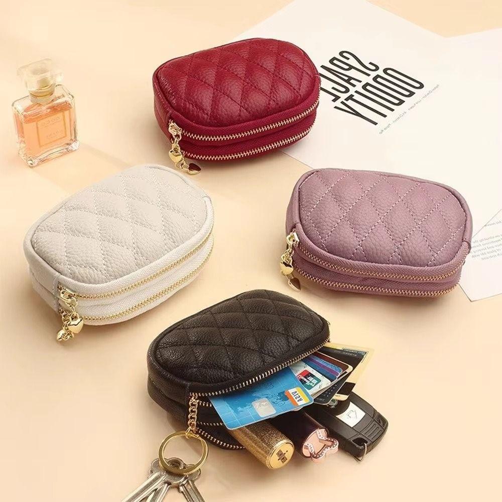 Double-layer Zipper Split Car Key Wallet with Key Ring Female Purse Card Holder  Lipstick