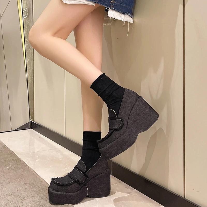 New High Heel Women Shoes Platform Women Denim Shoes Slip On Thick High Heels Fashion Woman Round Toe Chunky Heels D25