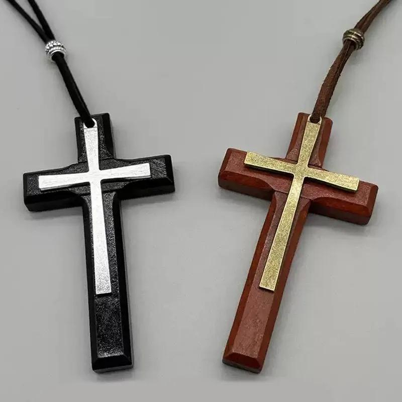 Modny Drewniany Krzyż Wisiorek Naszyjnik Vintage Ciemny Styl Mężczyźni Kobiety Czarny Brązowy Łańcuszek do Swetra Neutralny Religijny Biżuteria Akcesorium