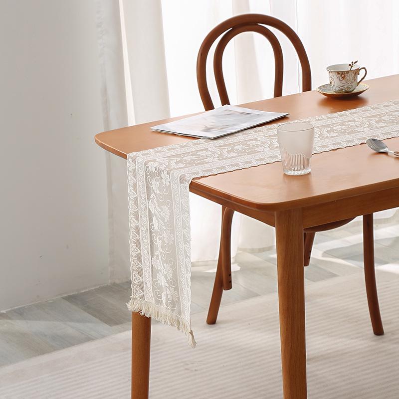 Elegant Nordic White Lace Table Runner with Crochet Tassels - Perfect for Dining or Coffee Tables, Ideal for Christmas Decor.