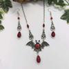 Retro Goth Red Crystal Bead Tassel Sliver Color Vampire Bat Pendant Choker Necklace Earrings Set for Men Women Hallowmas Jewelry