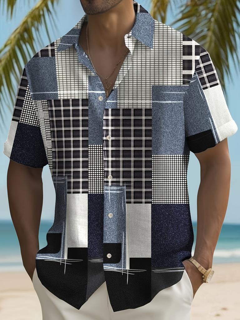 2026 Vintage Estate Uomo Camicie a Quadri Geometrici a Griglia Manica Corta Collo a Revers Stampa 3D Camicie Hawaiane per Vacanze Abbigliamento Casual da Uomo