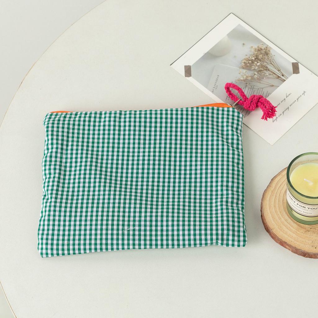 Canvas Grid Pattern Makeup Bag With Zipper For Daily Use And Travel Storage