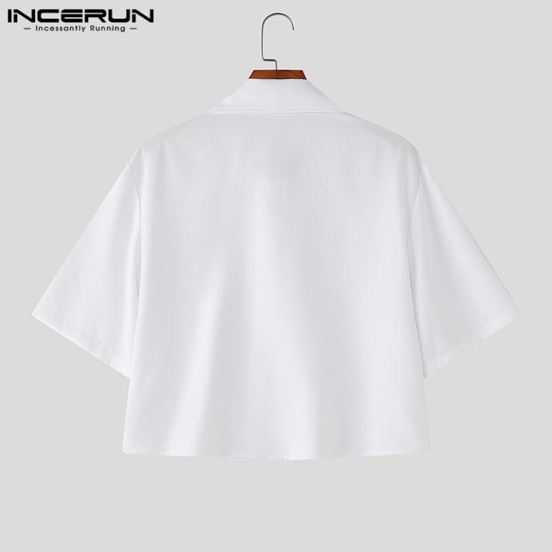 INCERUN MenTurn Down Collar Short Sleeve Acrylic Diamonds Patchwork Loose Cropped Shirts