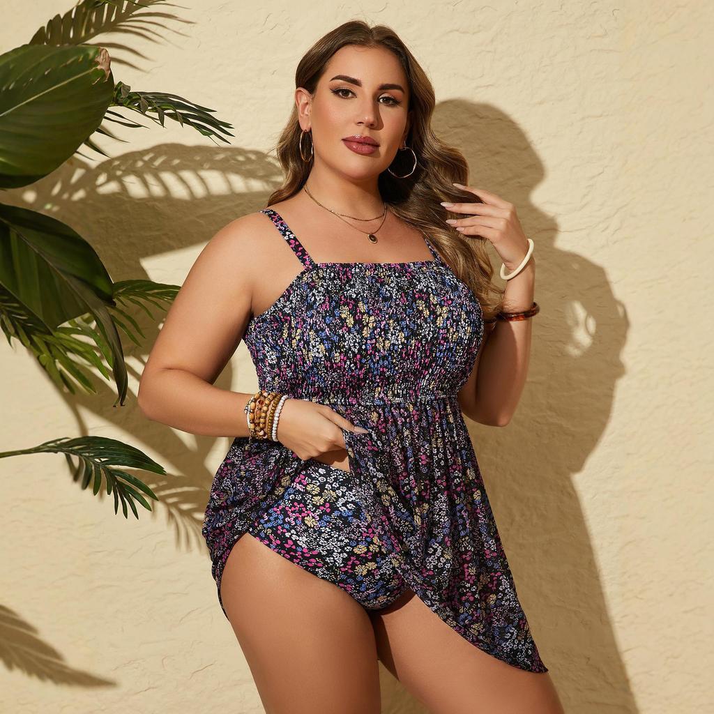 2026 Plus Size European & American Digital Print Skirted Bikini with Tummy Control & Slimming Split Design