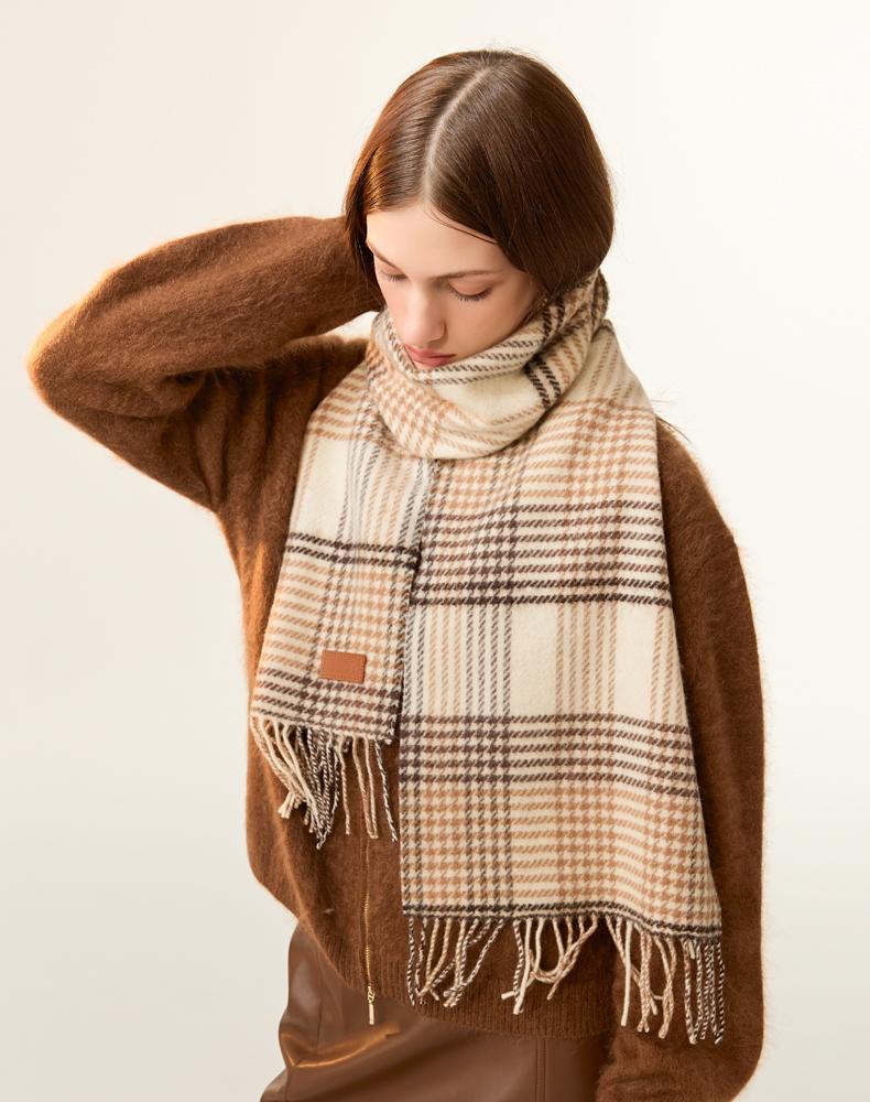 ELLE Wool Thousand Bird Grid Scarf Women's Autumn and Winter Classic Grid Pattern Retro Outdoor Warm Thick Shawl