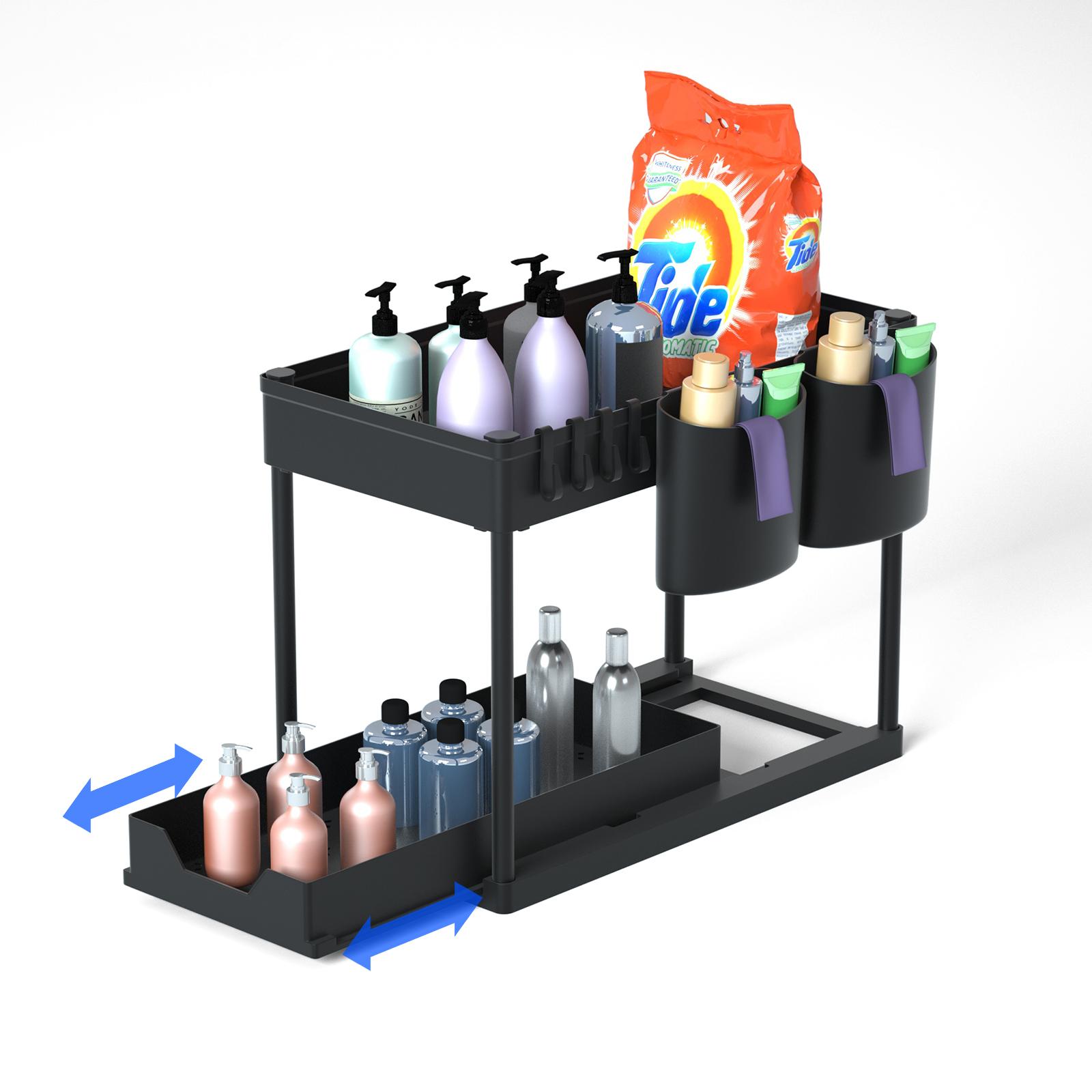 

Органайзеры под раковиной, Органайзеры под раковиной для ванной комнаты Кухня 2 яруса Под раковиной Полка Пластиковые выдвижные ящики с крючками для подвесных чашек Черный