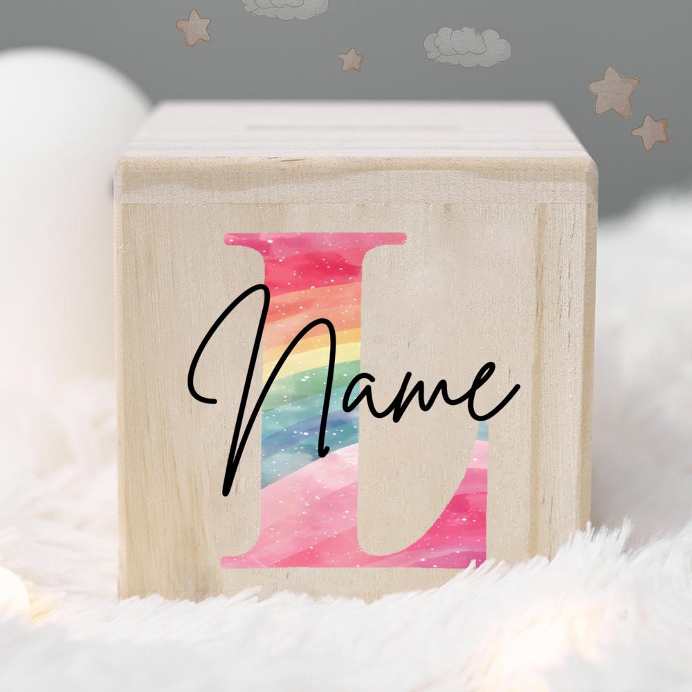 Personalized Money Box Kids Money Boxes Rainbow Letter with Name Coin Collection Box Wooded Coin Bank Child Birthday Shower Gift