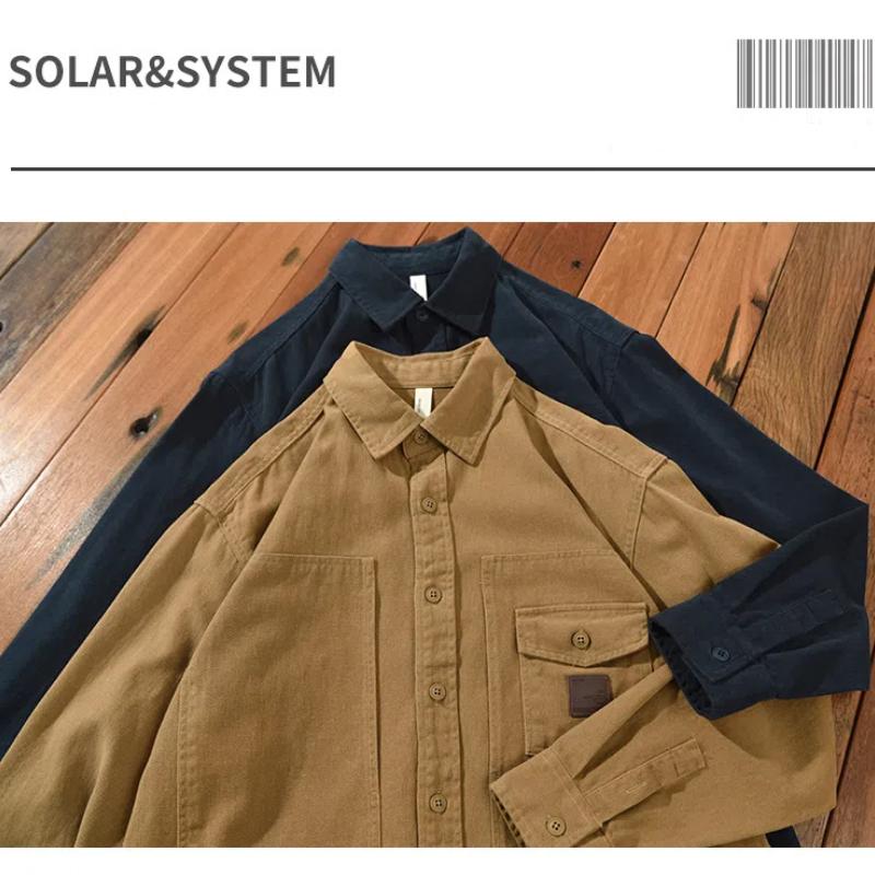 Japanese Style Long Sleeve Cargo Shirts for Male Spring and Autumn Streetwear Loose Shirt 100% Cotton Button Shirt Casual Overshirt