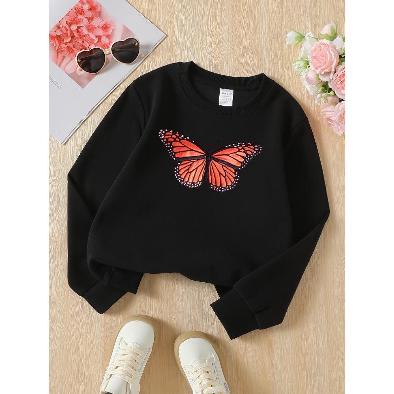 Kids Sweatshirt Round-neck , Orange Butterfly Wing Pattern , Crewneck Sweatshirt, Soft & Comfortable, Versatile Casual Wear , Outdoor Sports
