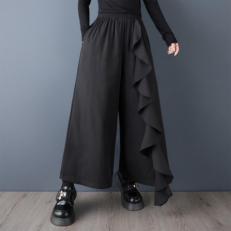 

Черные винтажные брюки с оборками больших размеров Весна Осень С высокой талией широкие брюки Женские свободные повседневные брюки