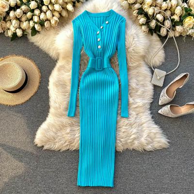 Bayan Bodycon Örme Elbise Yeni Sonbahar Kış Tasarım Moda Kadın Bel Kemeri Slim Fit Uzun Kollu Alt Elbise Örme