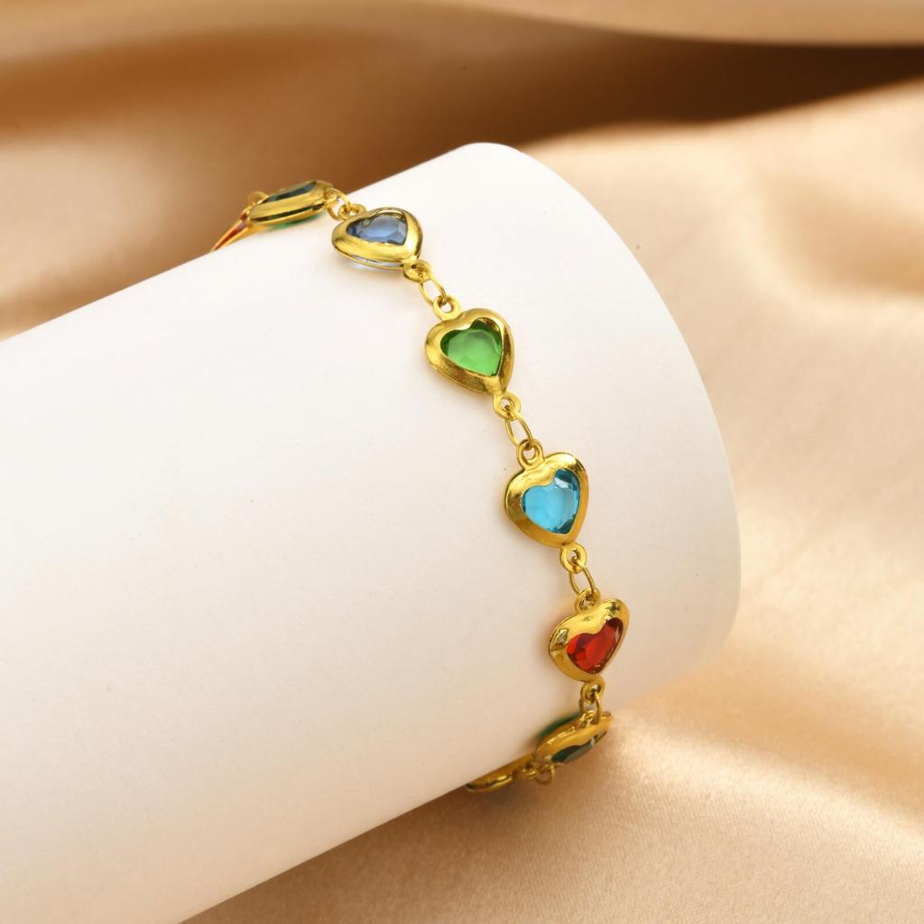 Heart Anklet Bracelet for Women Stainless Steel Colorful Zircon Gold Plated Waterproof Tarnish Free Summer Beach Luxury Jewelry