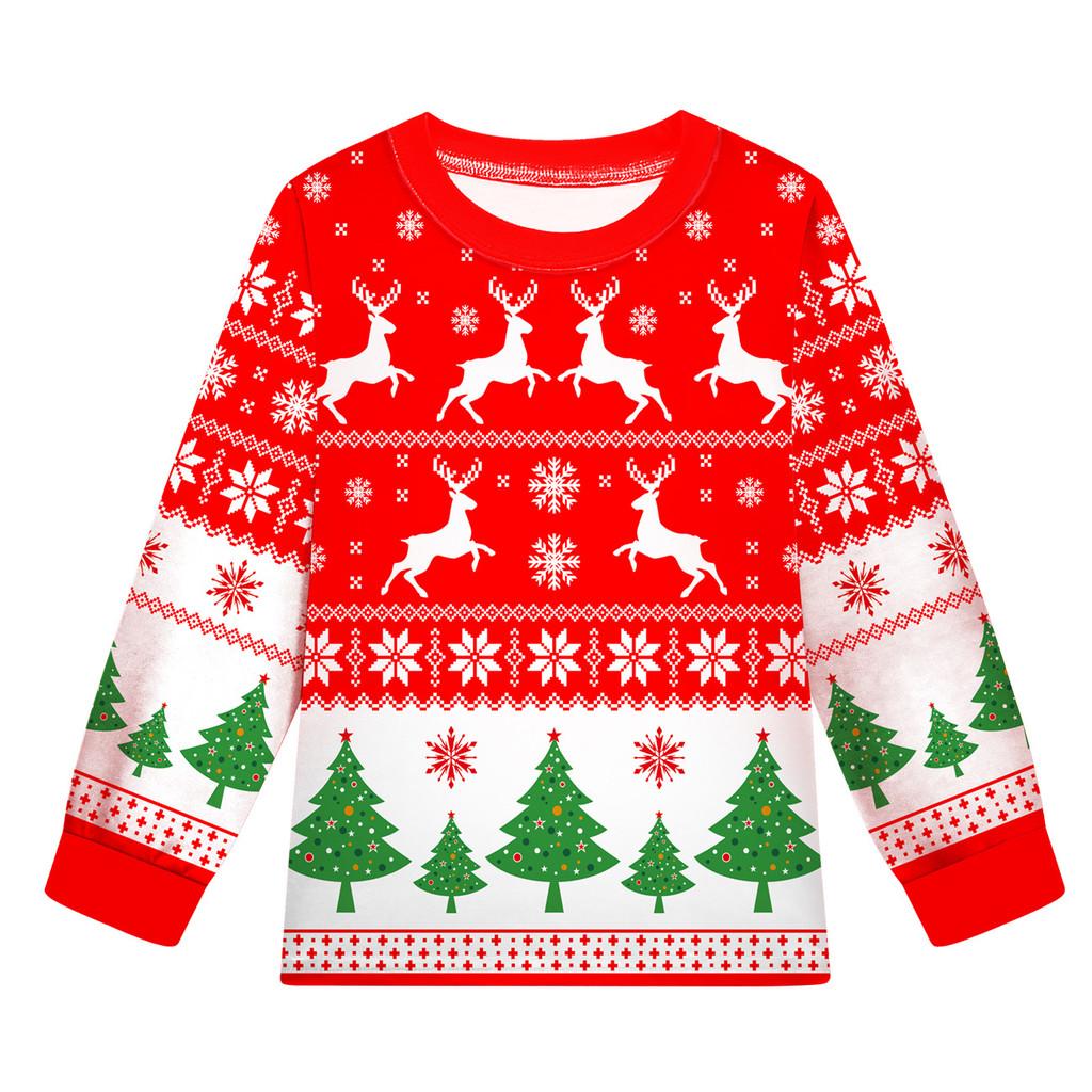 Kids Boys Girls Cartoon Santa Claus Christmas Tree Elk Print Long Sleeves T-Shirt Top Pants Trousers Clothes Set