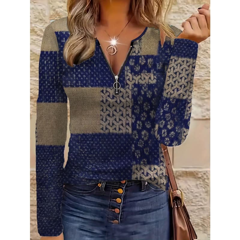 Women's Creative Printed Zipper Long-sleeved T-shirt, Breathable, Soft and Comfortable, Suitable for All-year-round Casual Wear