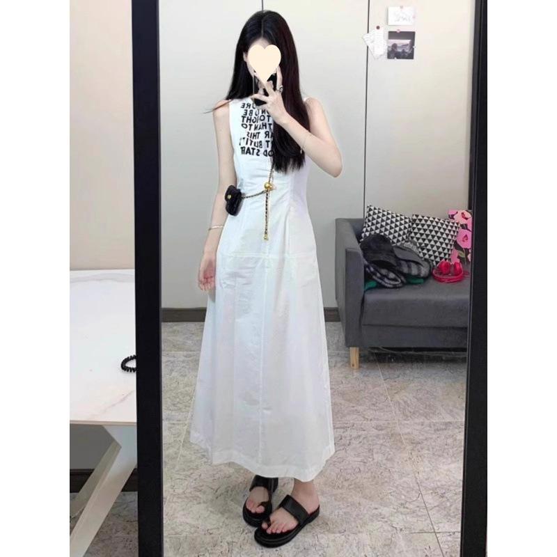 Printed sleeveless vest dress women's summer small Korean version medium and long waist and thin a-word skirt