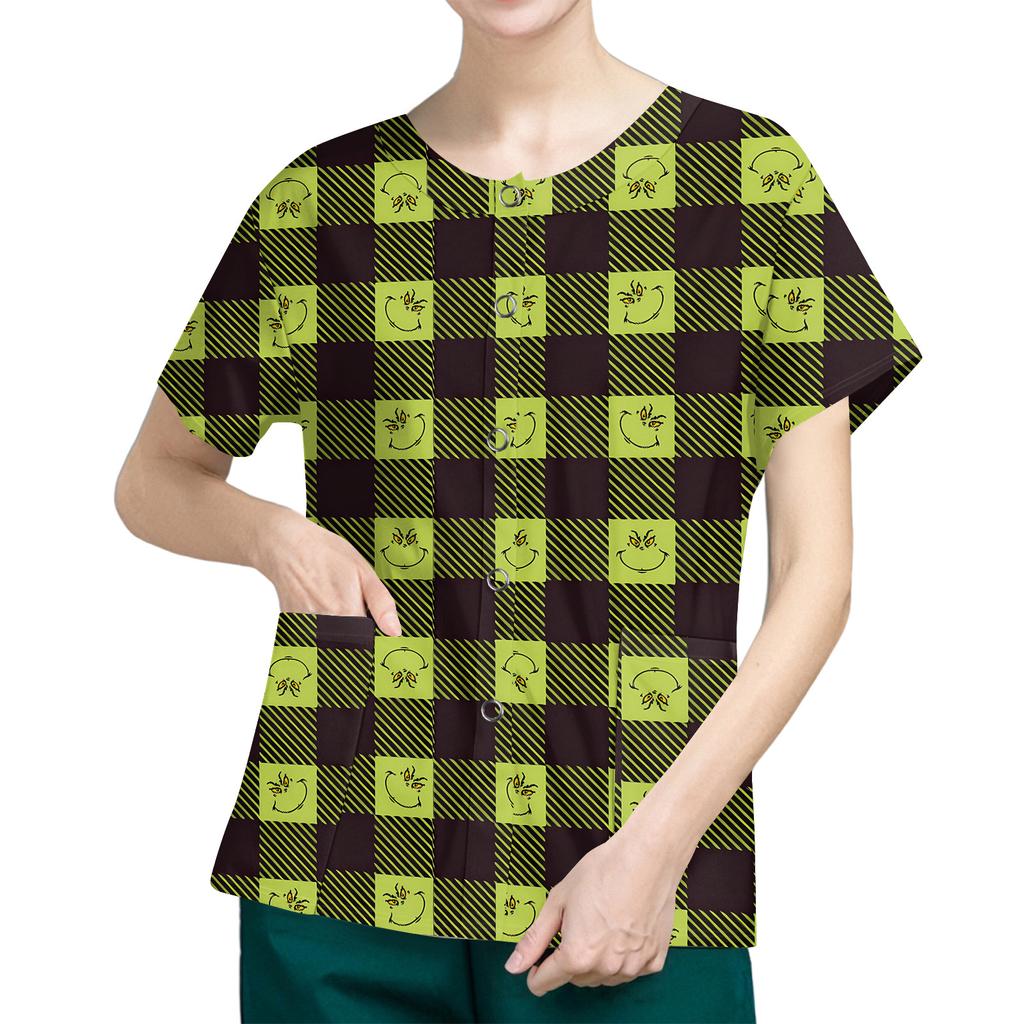 Women's Short Sleeved Patterned Pockets, Work Print Stand Up Collar, Single Breasted Protective Clothing, Cardigan Jacket, Top