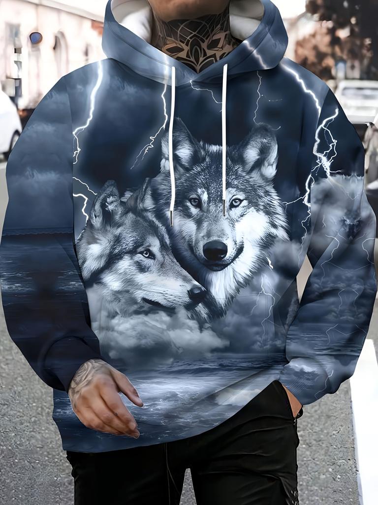 Men's Fashion Hooded Sweatshirt with Siberian Gray Wolf Print, Pullover Hoodie for Spring, Autumn, and Winter, Casual Outdoor Sportswear Top,