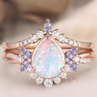 Luxury Female White Fire Opal Stone Engagement Ring Trendy Rose Gold Color Bride Wedding Jewelry Gift for Women