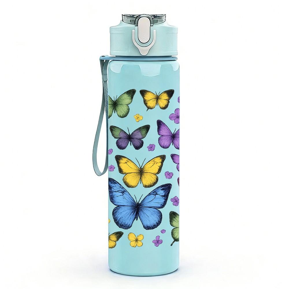 1PC Multicolor Butterfly Dense Pattern Print 750ml Color Plastic Sports Water Bottle Leakproof Flip Straw Lid Suitable for Sports Office Home Use