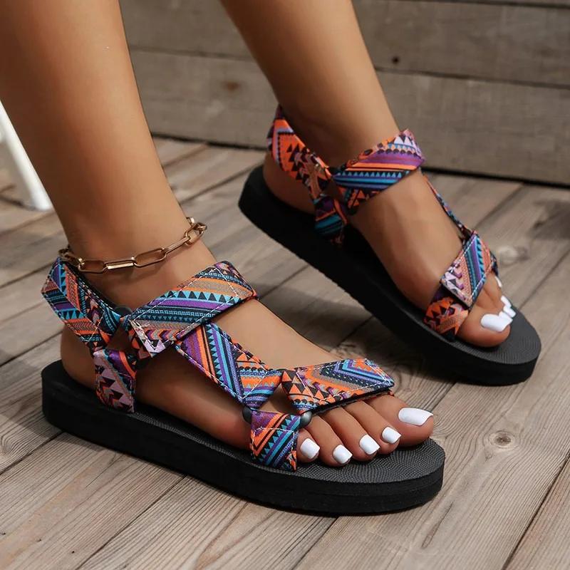 Fashion Plus Size 2025 Summer New Women's Open Toe Sandals Round Toe Mixed Colors Flat with Sandals Outdoor Daily Casual Rome Shoes