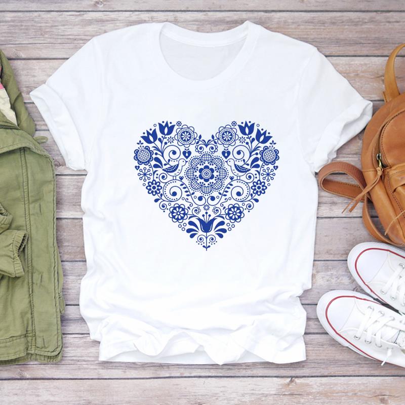 (Asian Size) Lady Female Casual T Shirt Printed Clothing Top Fashion love flower sweet Short Sleeve T-shirts Women Graphic Tee