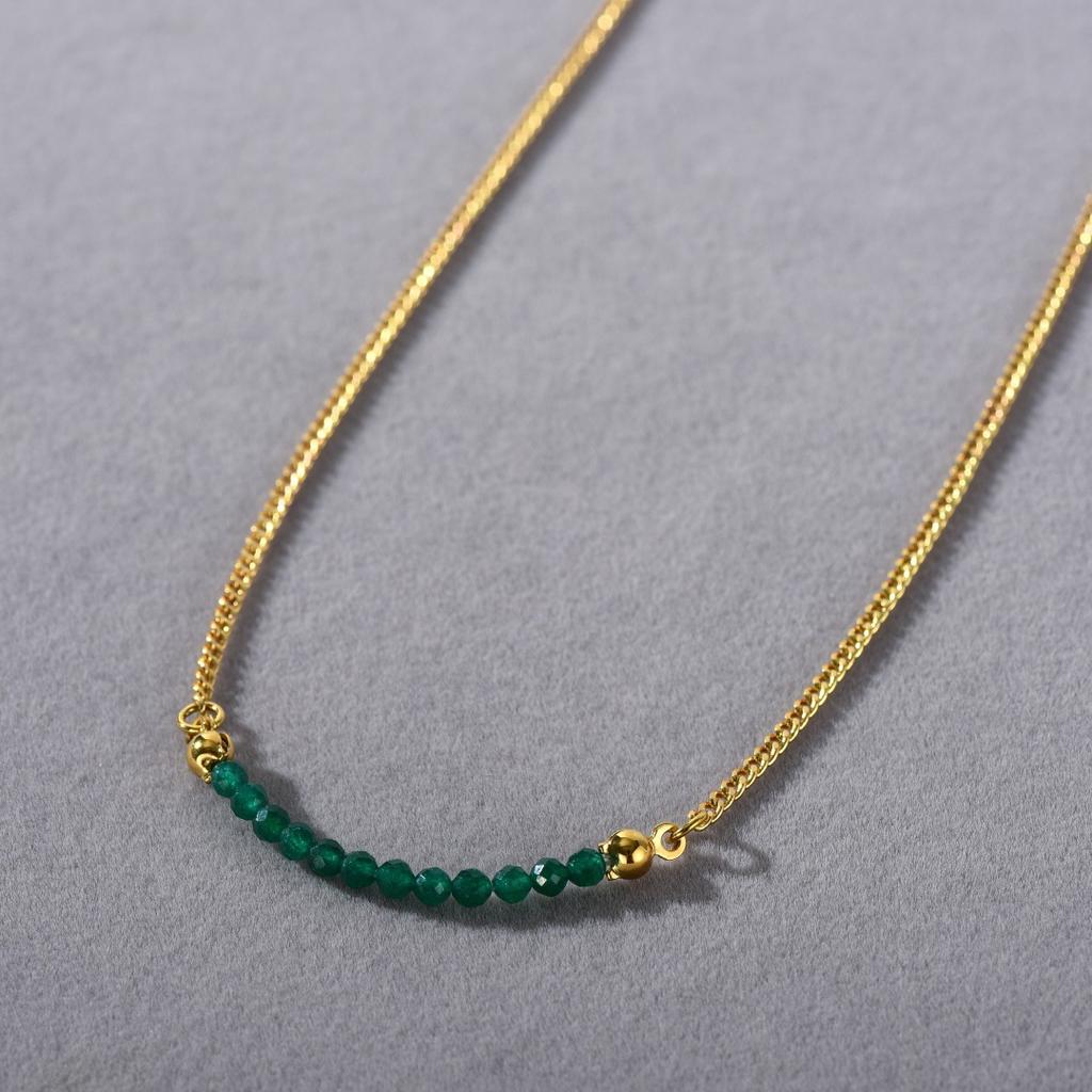 Simple High-Grade Metal Copper Plated 18K Real Gold Green Agate Beaded Pendant Collarbone Chain Personalized Unique Necklace