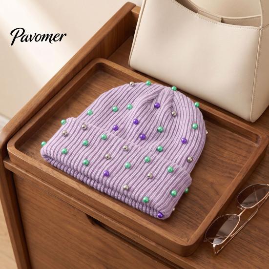 Soft Vertical Texture Hats Unisex Beanies with Colorful Beads, Winter Warm Knitted Hat, Casual Stylish Knit Skull Caps Stretch Cozy Cap for