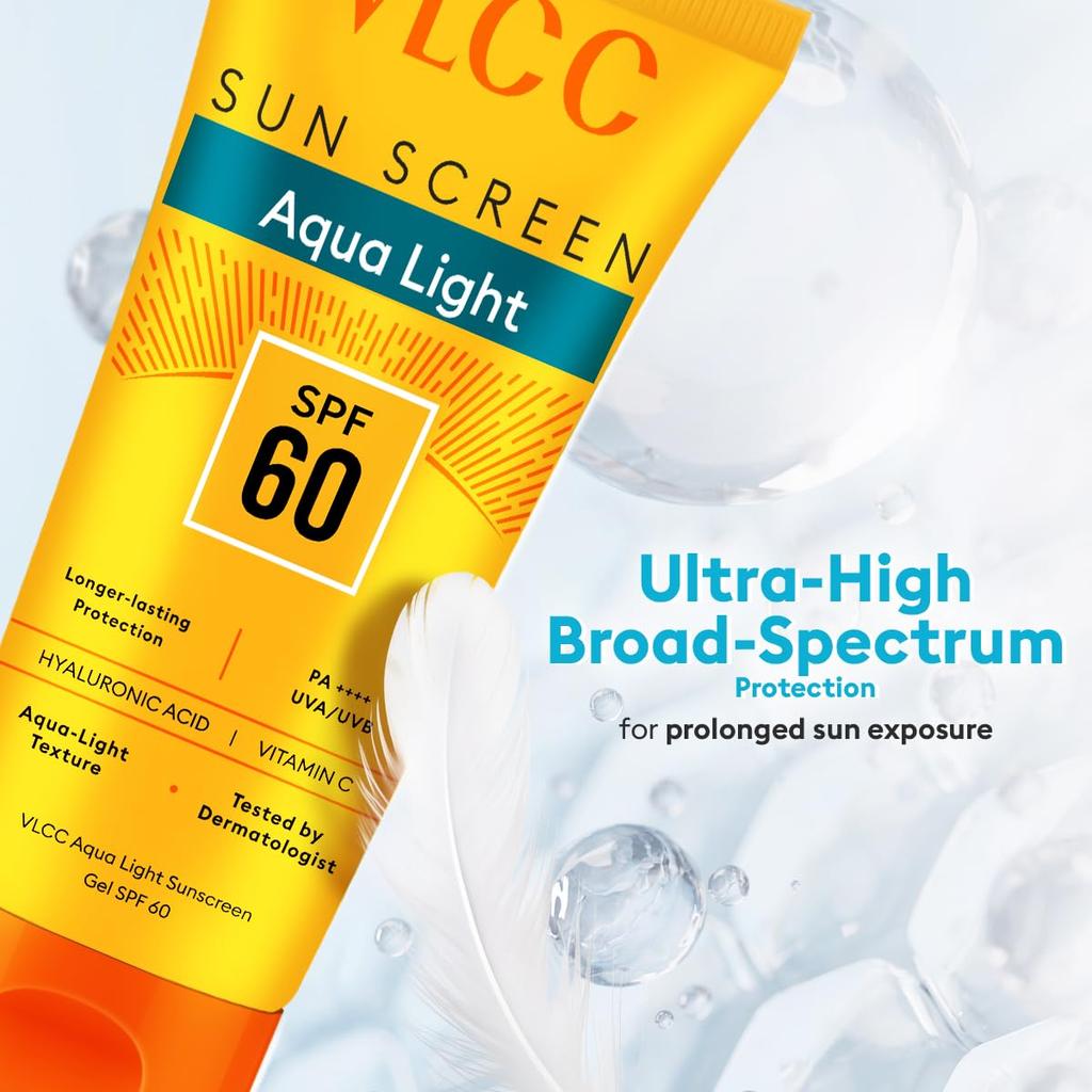 VLCC Aqua Light Sunscreen Gel SPF 60 PA++++ Hydrating Non Greasy Daily Sun Protection Gel For Outdoor Use 100 g