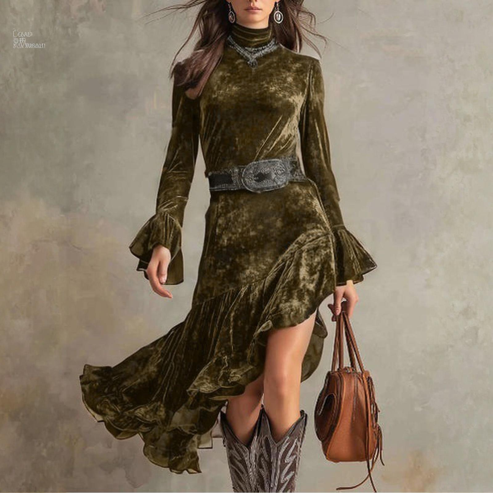 Women s Velvet Long Sleeve Tight Waist Dress Vintage High Neck Irregular Skirt Dress L