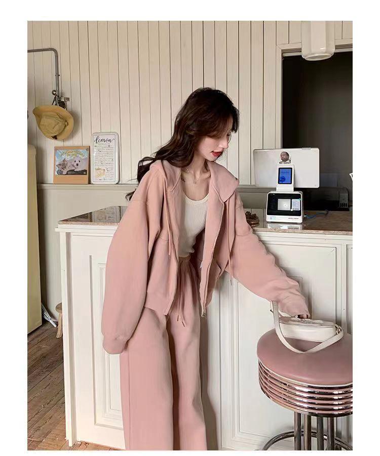 2024 Women's College Style Cotton Hoodie & Wide-Leg Pants Set - Spring/Autumn Casual Wear