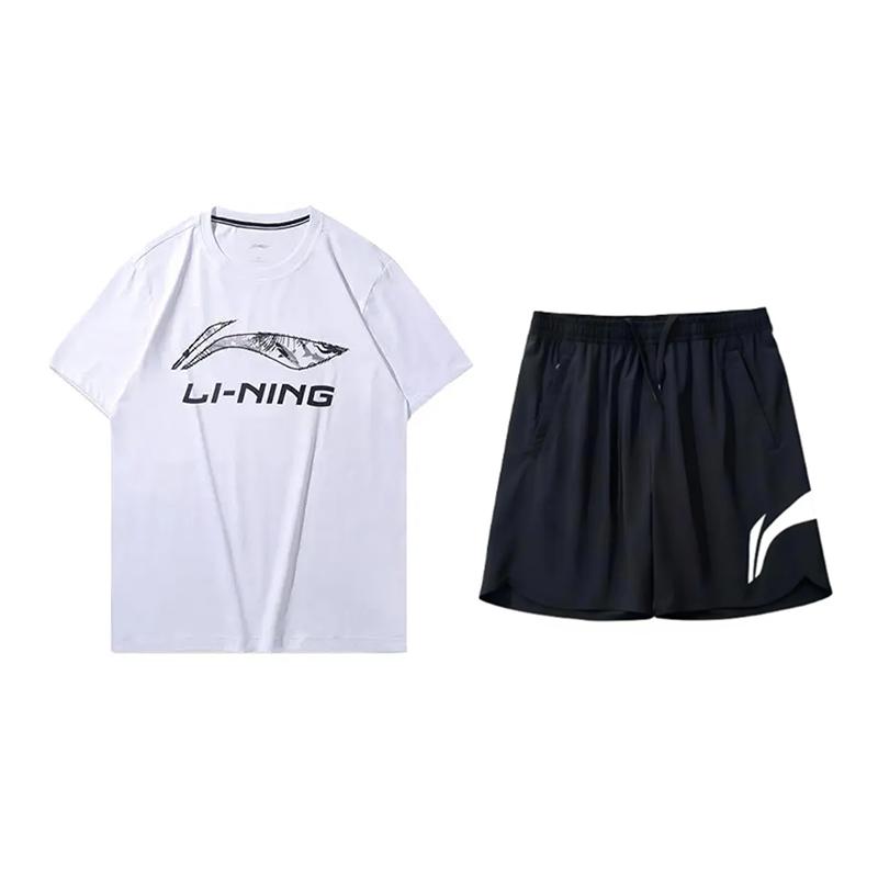 

Дышащий удобный универсальный пуловер с круглым вырезом и короткими рукавами с принтом логотипа Li Ning, простые шорты, повседневный спортивный комплект YHST165-1+YKSV197-2 L