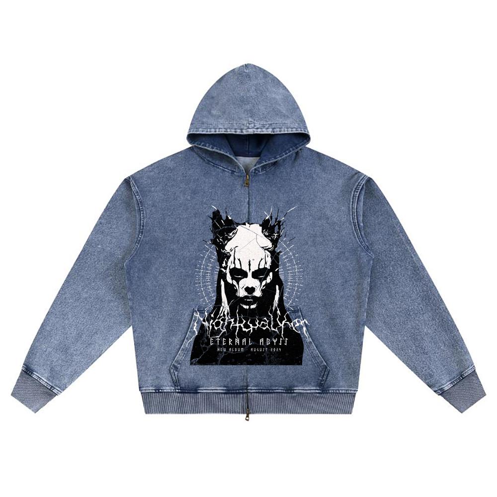 DTG-Druck Gestrickter Denim Zip-Up Hoodie Nightwalker Death Metal Shirt Bruder-Druck Reißverschluss-Hoodies