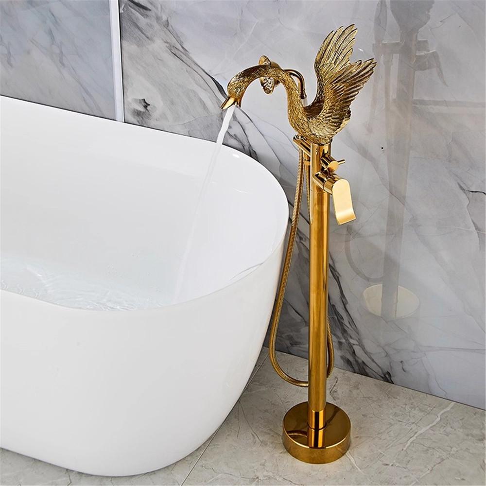 Articstic Creative Gold Swan Bathroom Bathtub Faucet with Handheld Shower Free Standing Brass BathTub Mixer Taps Floor Mounted