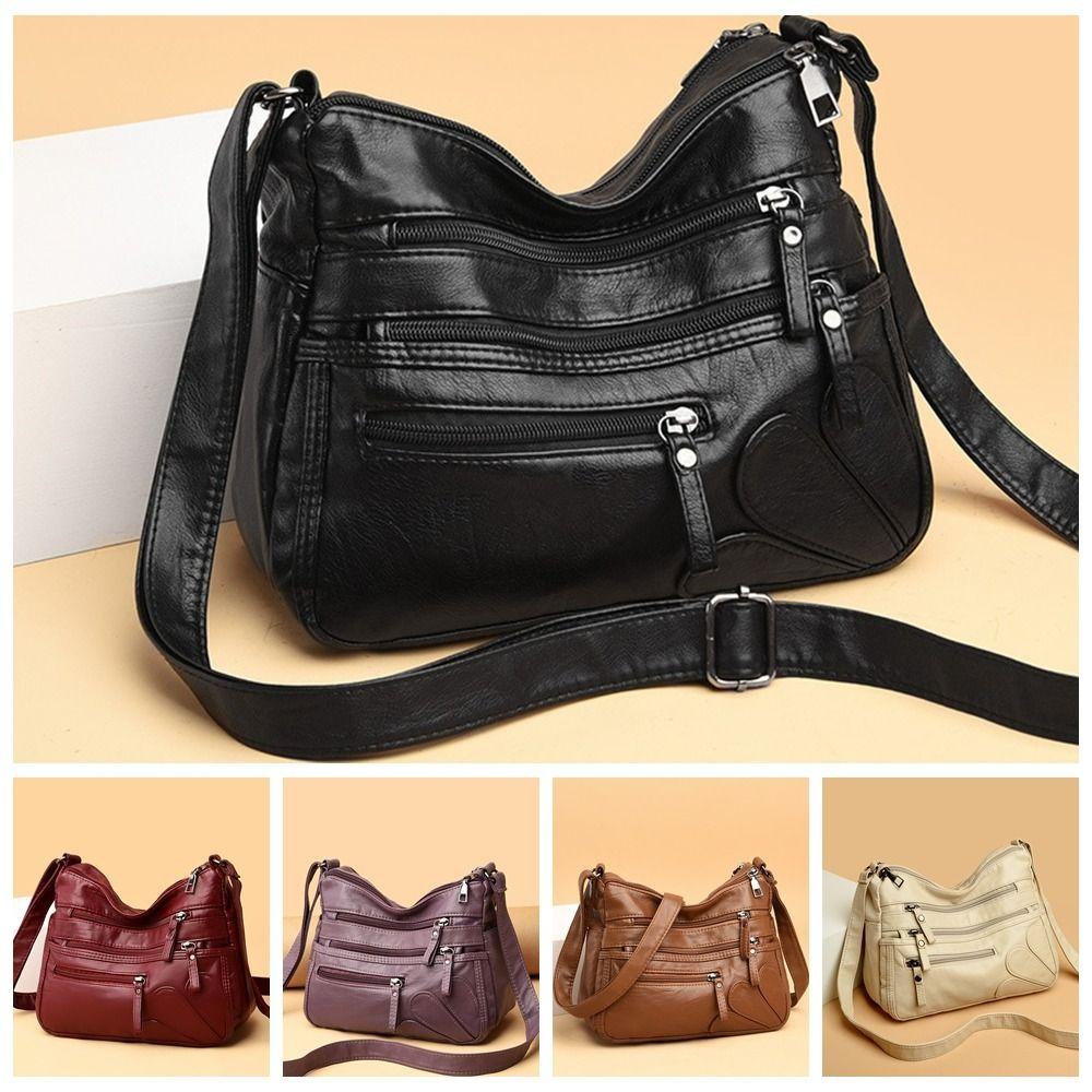 Fashion Leather Crossbody Bag Soft Large Capacity Shoulder Bag Multi-layer Tote Bag Middle-Aged Women