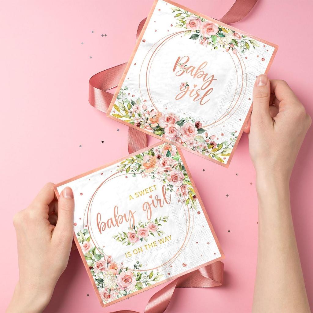 40pcs Sweet Baby Girl Napk Rose Gold Baby Shower Napk Disposable Watercolor Pink Floral It's a Girl Paper Napk for Girls Baby Shower Party Supplies
