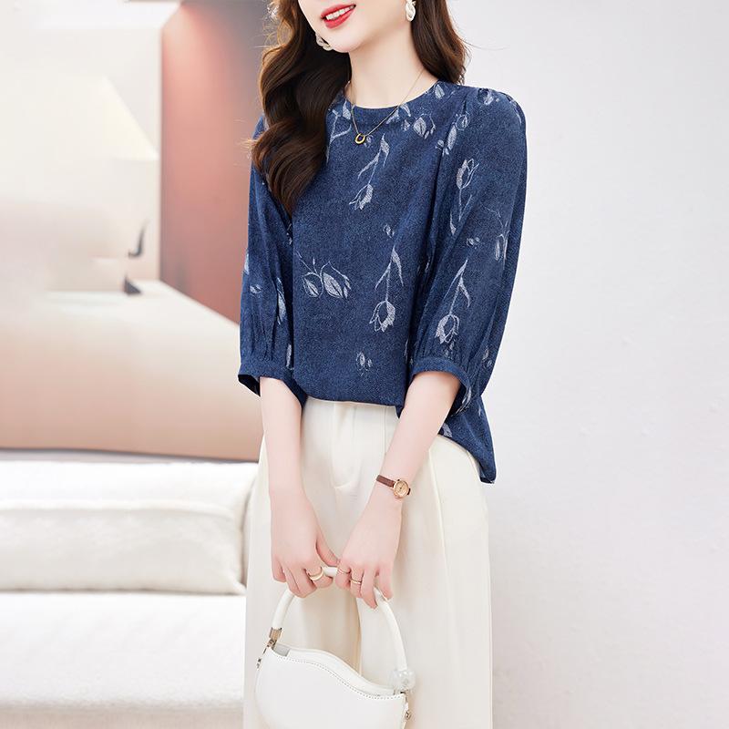 Silk Jacquard Shirt Women's Spring and Summer New Temperament Large Size Loose Inner with Versatile Mulberry Silk Top